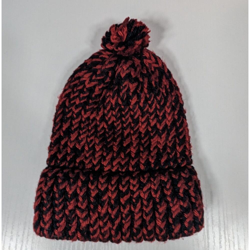 Crochet Hat Youth Size Homeade Red Black Pom Beanie